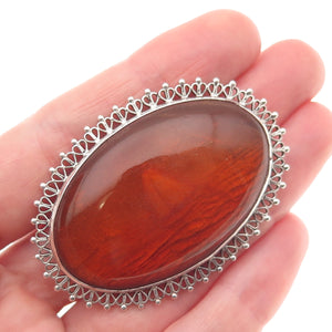 875 Silver Vintage Estonia Real Amber Sailboat Ornate Heart Bezel Pin Brooch