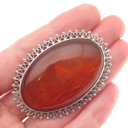 875 Silver Vintage Estonia Real Amber Sailboat Ornate Heart Bezel Pin Brooch