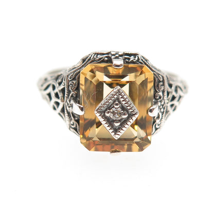 925 Sterling Silver Vintage Real Diamond & Citrine Oxidized Ring Size 8