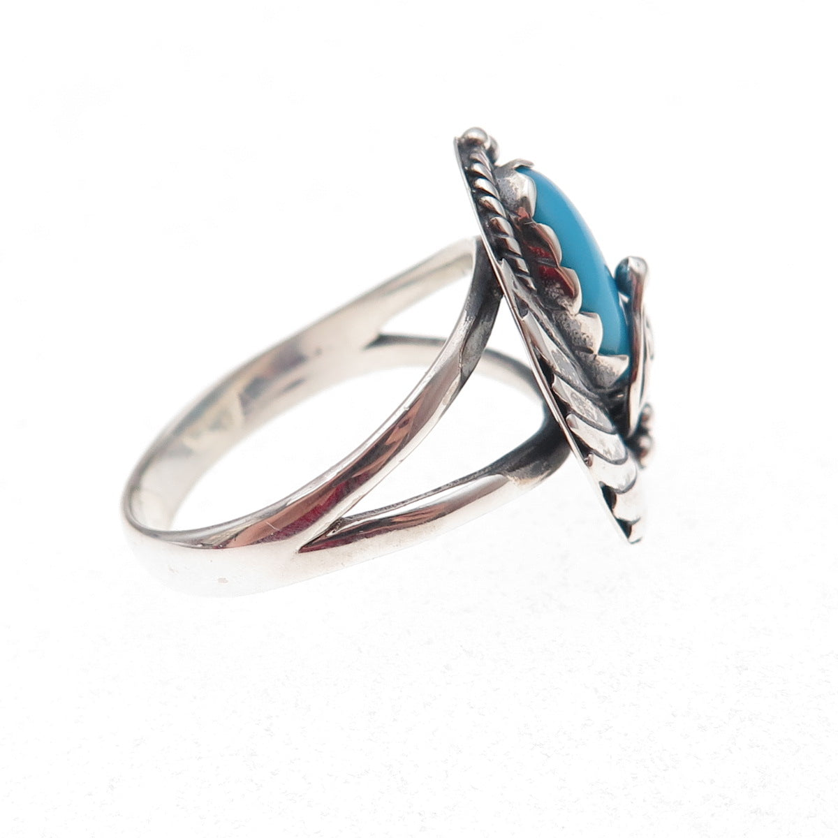Old Pawn Sterling Silver Vintage Sleeping Beauty Turquoise Feather Ring Size 8.5