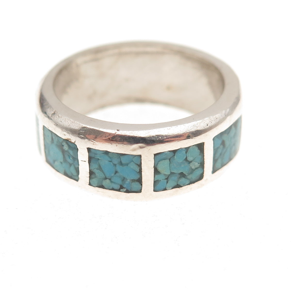 Old Pawn 925 Sterling Silver Vintage Turquoise Inlay Tribal Band Ring Size 7.75