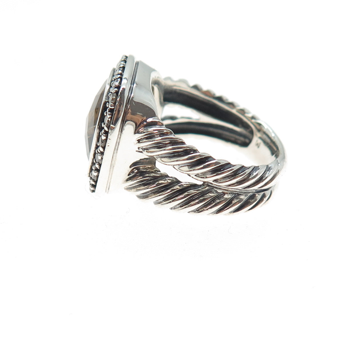 DAVID YURMAN Sterling Silver Vintage Real Diamond & Smoky Quartz Ring Size 6.25