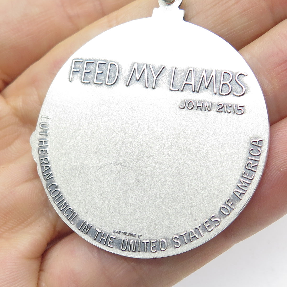 925 Sterling Silver Vintage "Feed My Lambs" USA Lutheran Council Medal Pendant