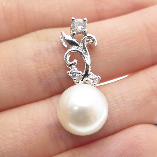 925 Sterling Silver Vintage Real Pearl & C Z Floral Minimalist Slide Pendant