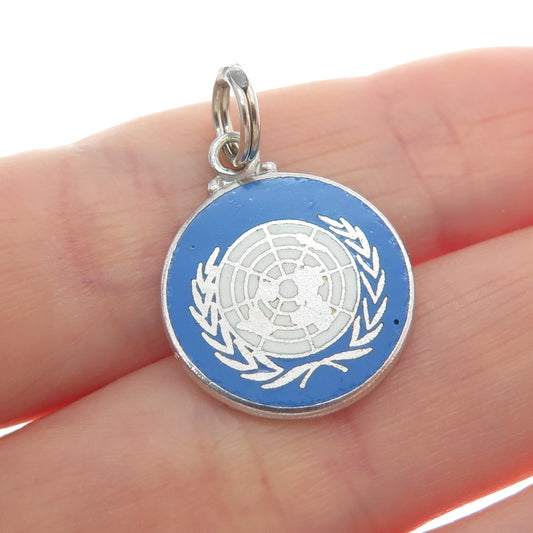 925 Sterling Silver Vintage Enamel United Nations Minimalist Charm Pendant