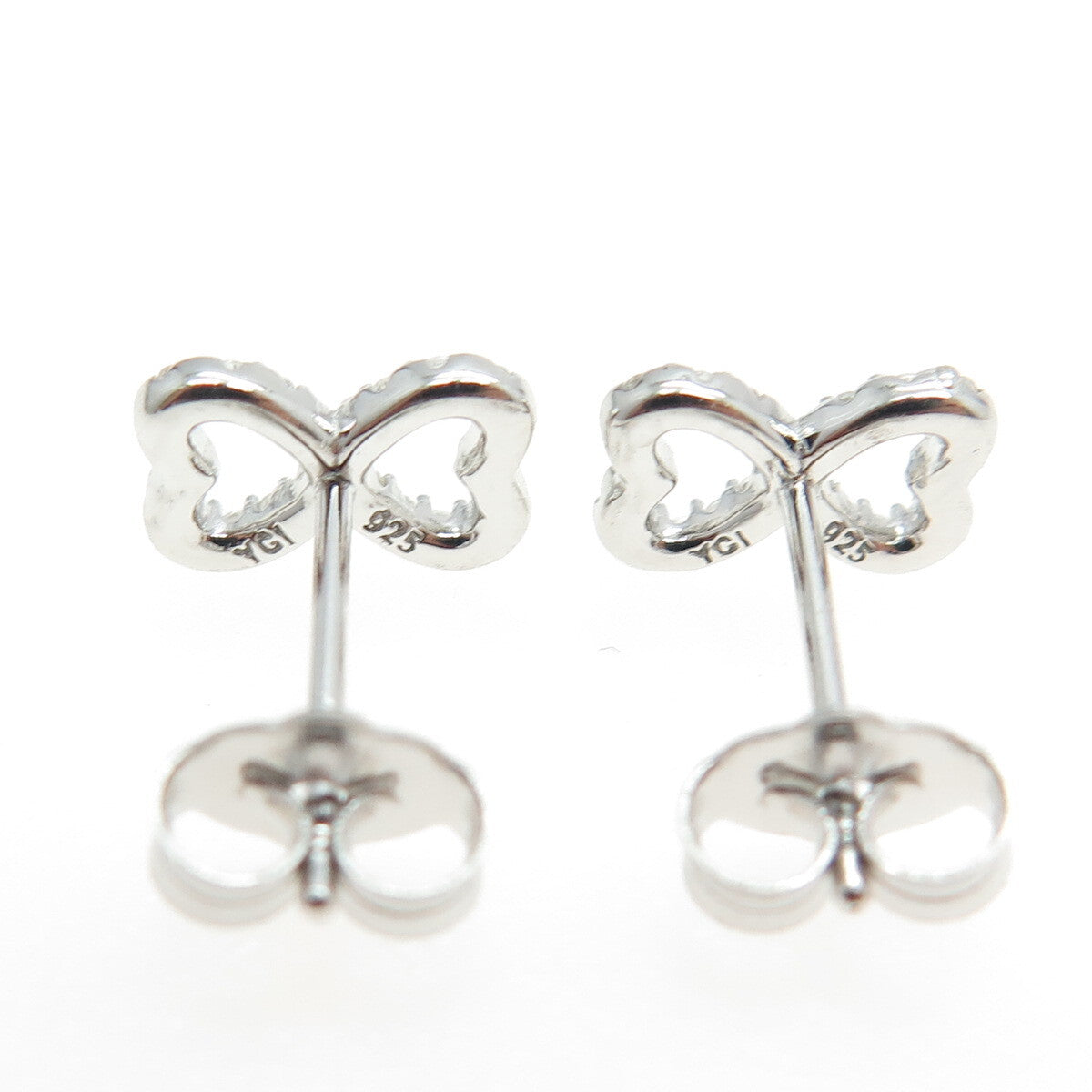 925 Sterling Silver Round-Cut C Z Bow Tie Heart Stud Earrings