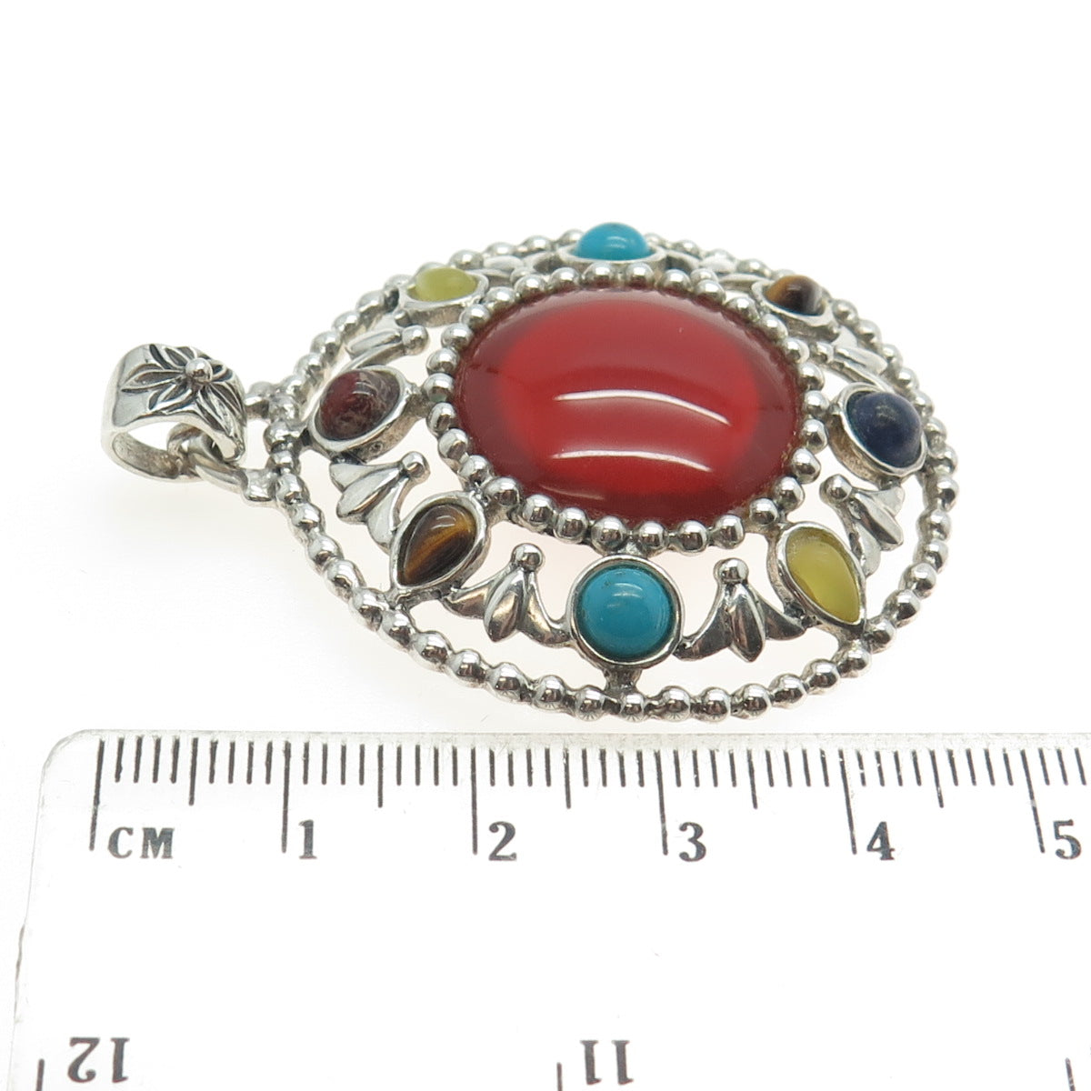 925 Sterling Vintage Real Carnelian Tiger Eye Turquoise Sodalite Jasper Pendant