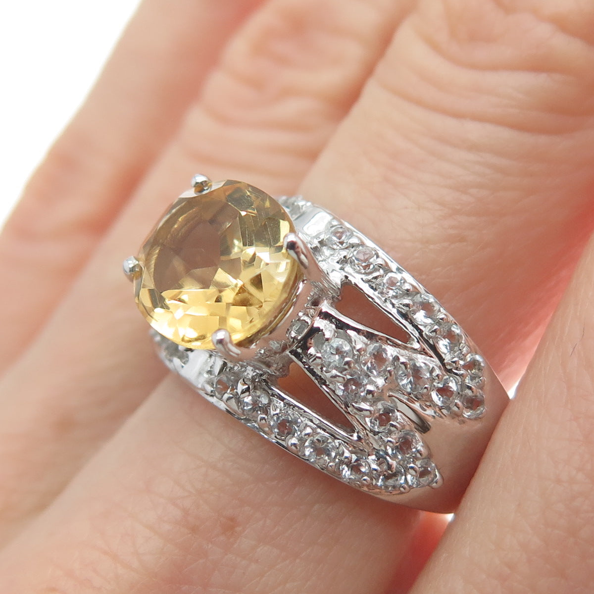 925 Sterling Silver Real White Topaz & Citrine Gemstone Cluster Ring Size 7