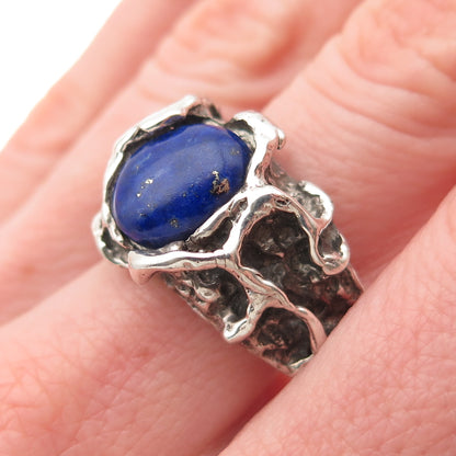 925 Sterling Silver Vintage Real Lapis Modernist Oxidized Ring Size 9