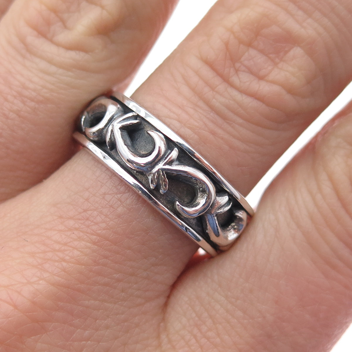 925 Sterling Vintage Modernist Swirl Oxidized Rotating Band Ring Size 10.5