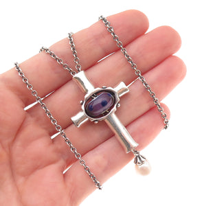 Trollbeads Sterling Silver Real Pearl & Murano Glass Cross Chain Necklace 36"