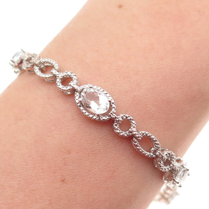 925 Sterling Silver Real Oval-Cut Aquamarine Station Link Bracelet 7"