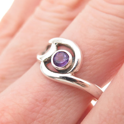 925 Sterling Silver Vintage Real Amethyst Modernist Swirl Oxidized Ring Size 8