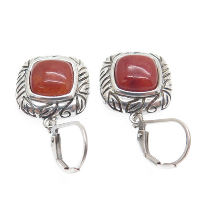 ROSS SIMONS 925 Sterling Silver Vintage Real Red Jade Cushion Dangle Earrings