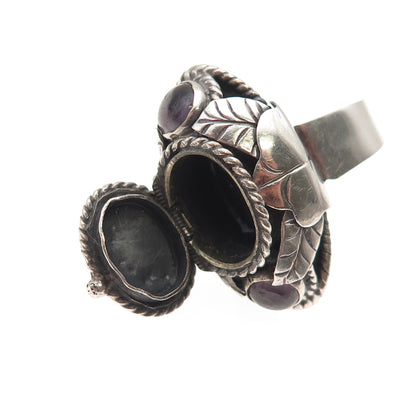 925 Sterling Silver Vintage Mexico Real Amethyst Adjustable Poison Ring Size 7.5