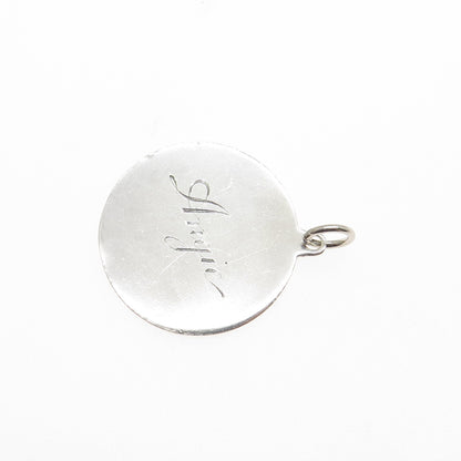 925 Sterling Silver Vintage Engraved Angie Round Tag Charm Pendant