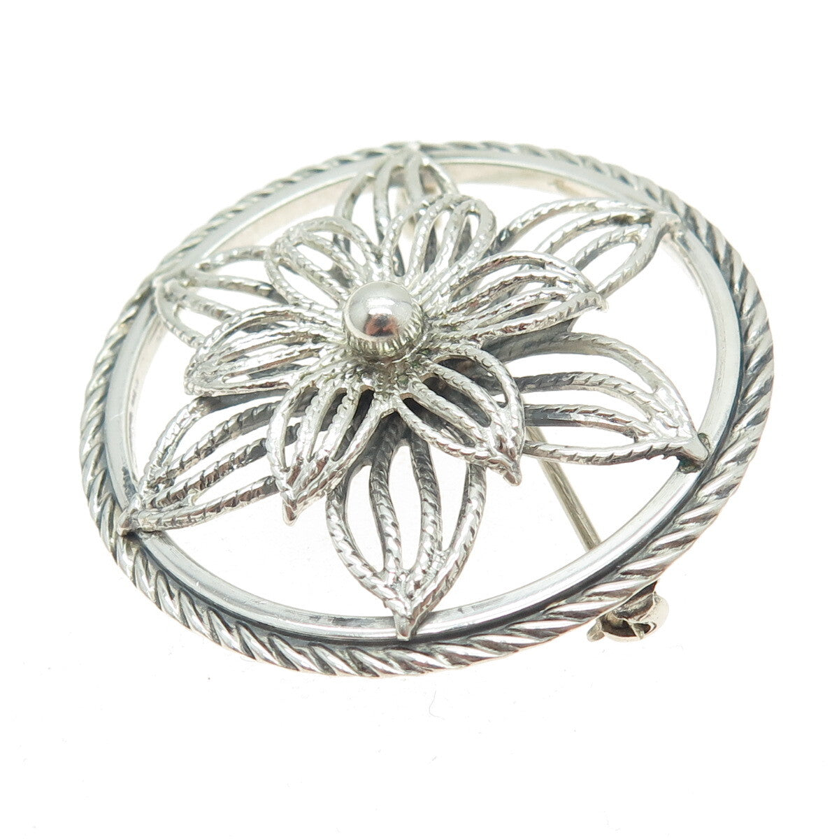 BEAU 925 Sterling Silver Antique Art Deco Flower Round Pin Brooch