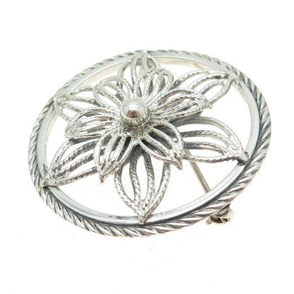 BEAU 925 Sterling Silver Antique Art Deco Flower Round Pin Brooch