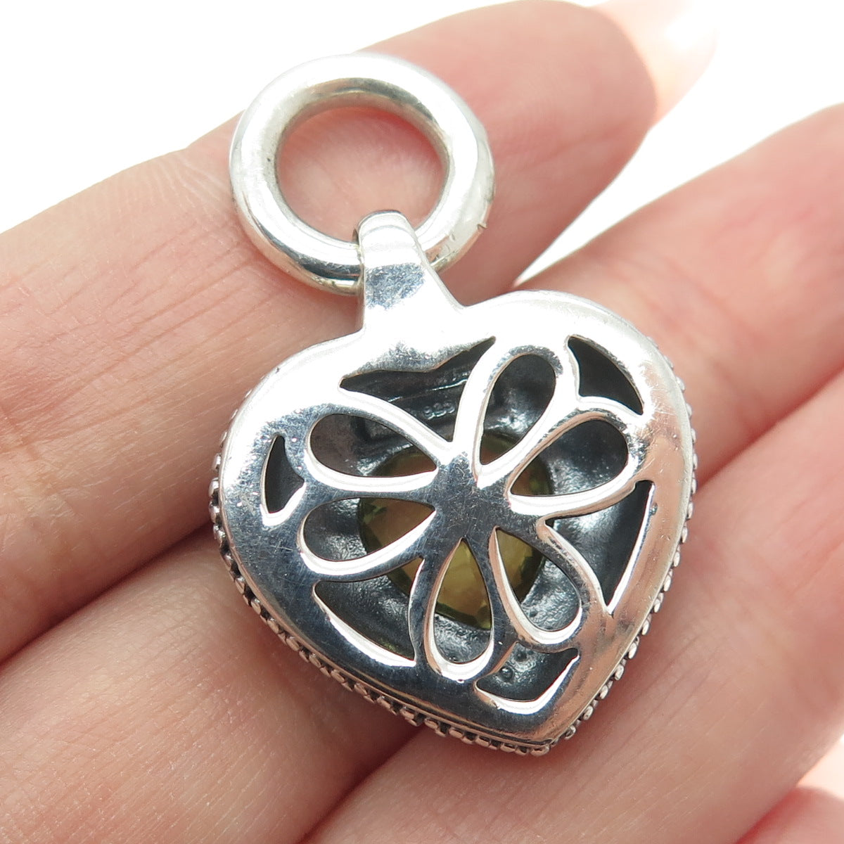 14K Gold & 925 Sterling Silver Vintage Real Diamond & Peridot Heart Pendant