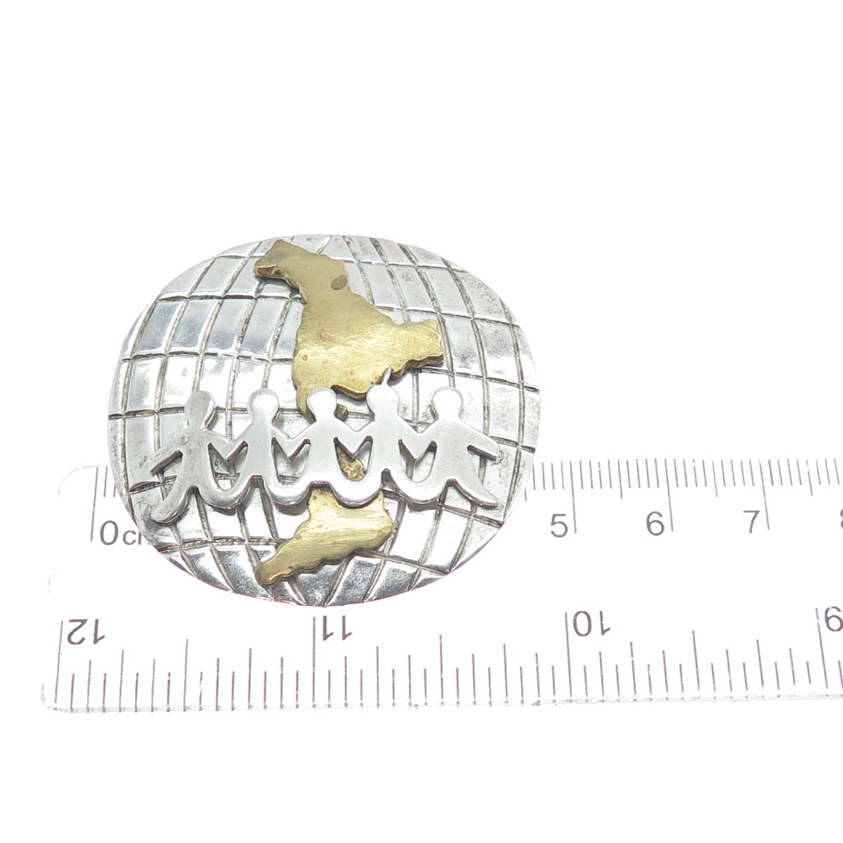 925 Sterling Silver 2-Tone Vintage Mexico Kids Holding Hands Globe Pin Brooch