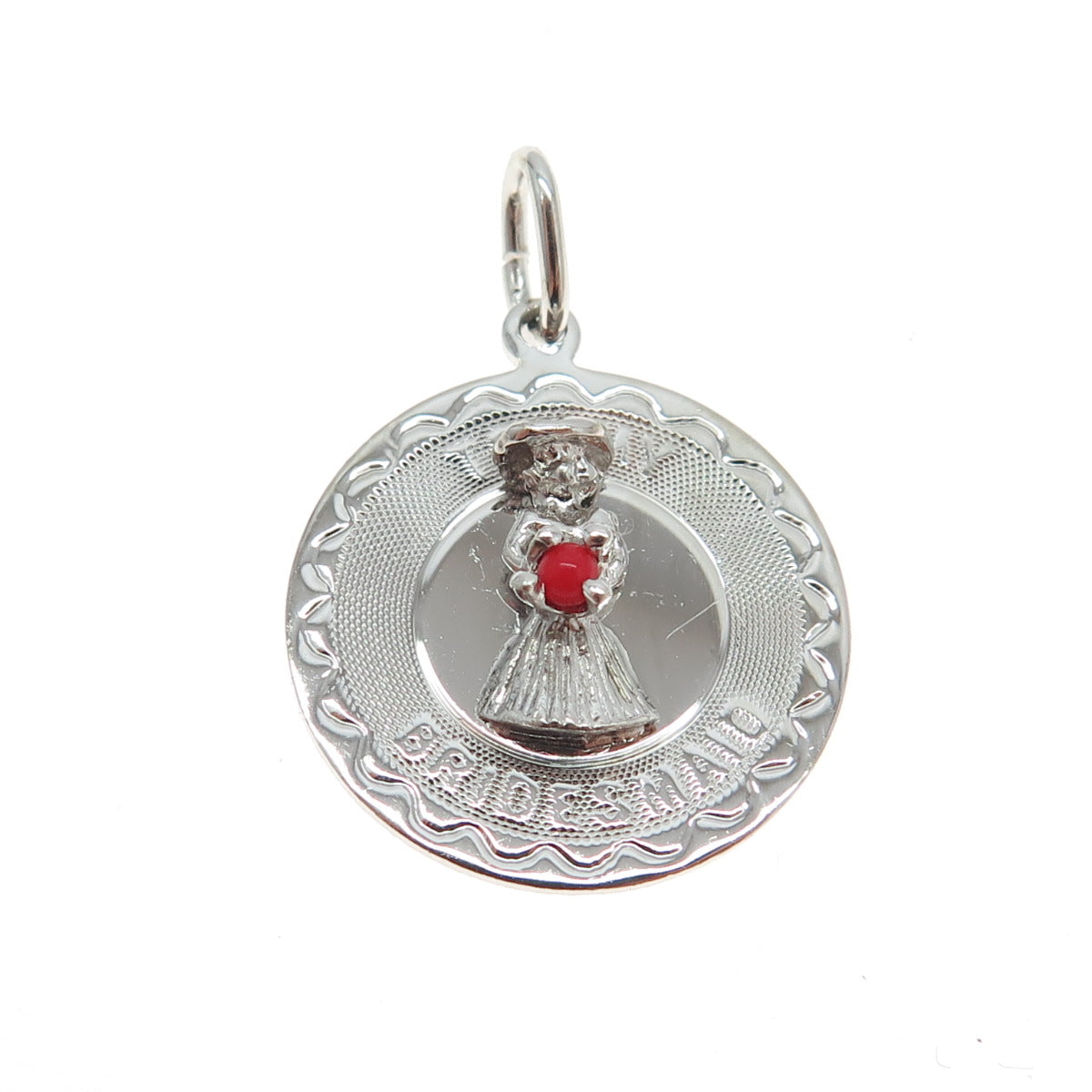 ELCO 925 Sterling Silver Vintage Red Glass "To My Bridesmaid" Charm Pendant