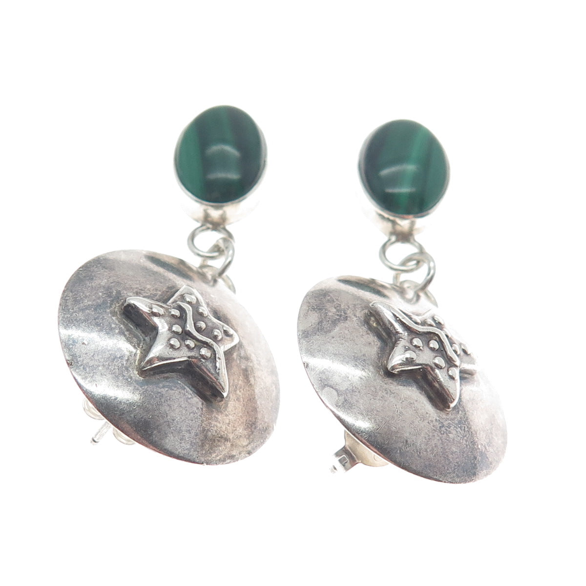 CAROL FELLEY Sterling Silver Vintage 1991 Real Malachite Star Dangle Earrings