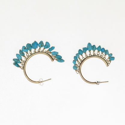 925 Sterling Silver Gold Plated Real Turquoise Beads Hoop Earrings