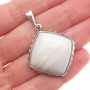 925 Sterling Silver Vintage Real Agate Square Charm Pendant