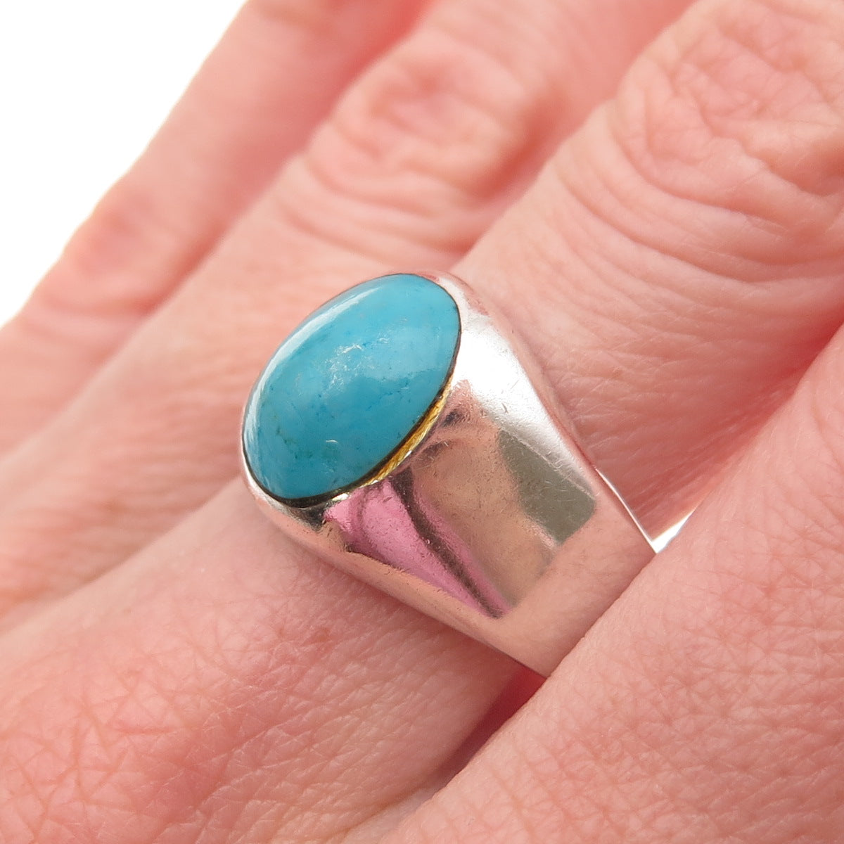 925 Sterling Silver Vintage Mexico Real Turquoise Oxidized Ring Size 10.75