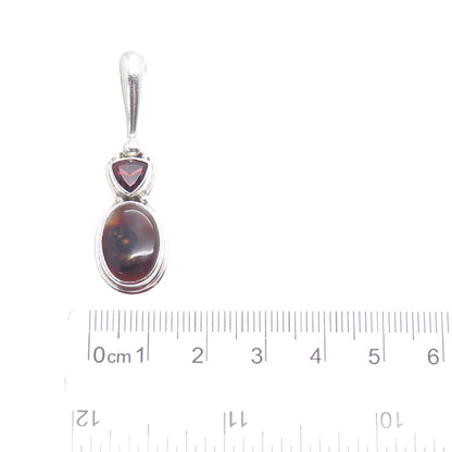 SAJEN 925 Sterling Silver Vintage Real Agate & Red Garnet Gemstone Pendant