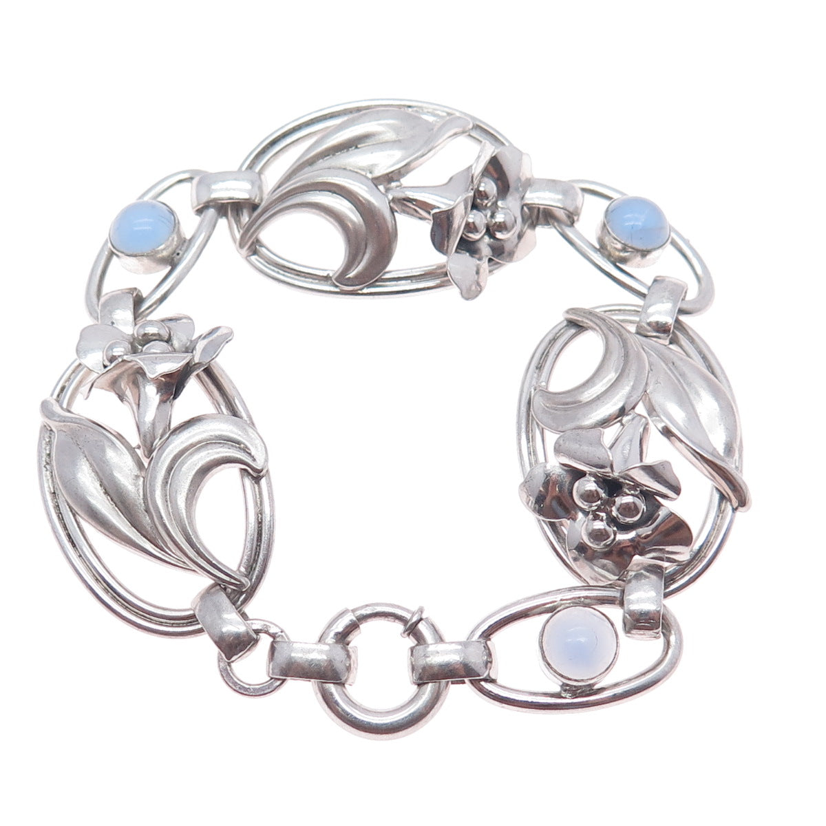 CARL ART 925 Sterling Silver Antique Art Deco Opalite Flower Bracelet 7"