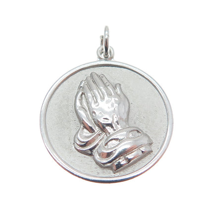 925 Sterling Silver Vintage Hands In Prayer Religious Round Pendant