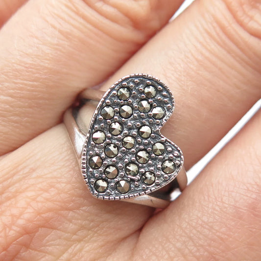925 Sterling Silver Vintage Real Marcasite Gem Heart Ring Size 6.75