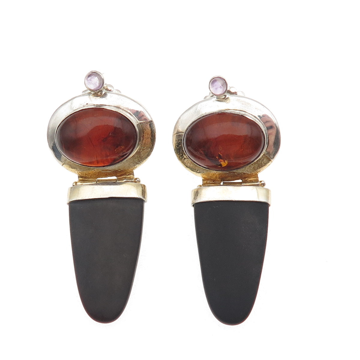 Michou 925 Sterling Silver 2-Tone Vintage Real Amber Amethyst Obsidian Earrings