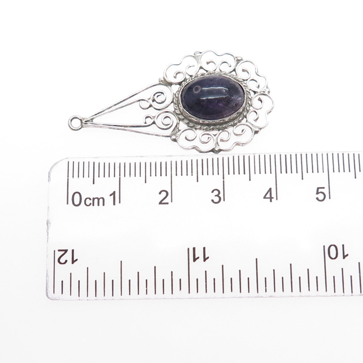 925 Sterling Silver Vintage Mexico Real Amethyst Ornate Charm Pendant