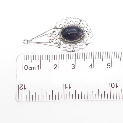 925 Sterling Silver Vintage Mexico Real Amethyst Ornate Charm Pendant