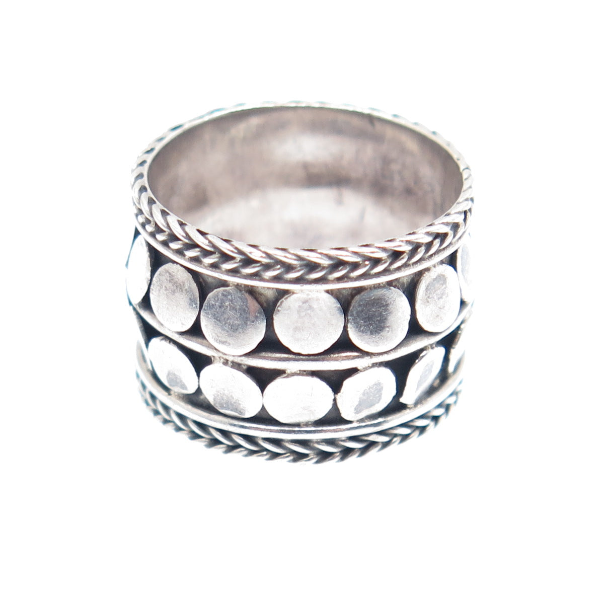 925 Sterling Silver Vintage Modernist Disc Dotted Band Oxidized Ring Size 6