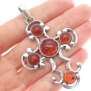 925 Sterling Silver Vintage Real Amber Modernist Cross Pendant