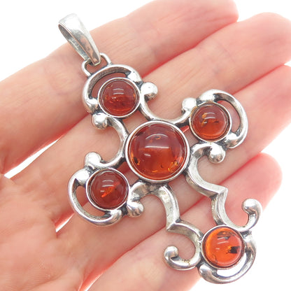 925 Sterling Silver Vintage Real Amber Modernist Cross Pendant