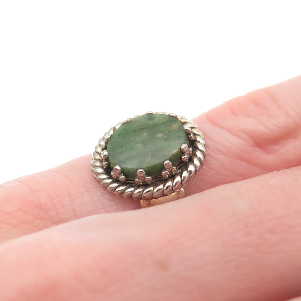 Pacific Jewelry 925 Sterling Silver 2-Tone Vintage Real Jade Ring Size 3.5