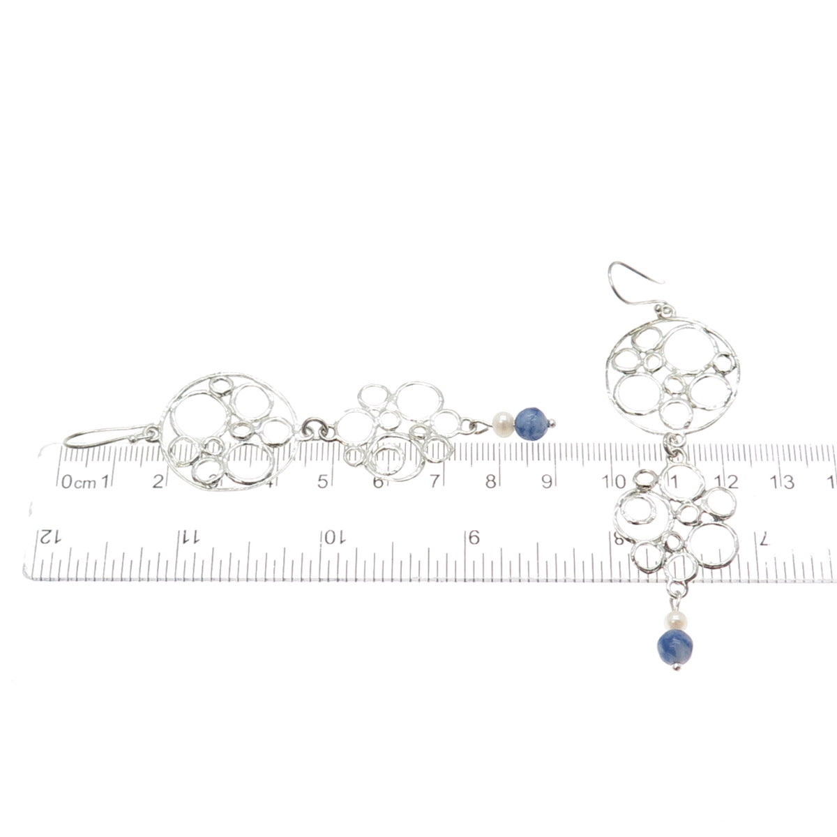 925 Sterling Silver Vintage Real Pearl Sodalite Modernist Circle Dangle Earrings
