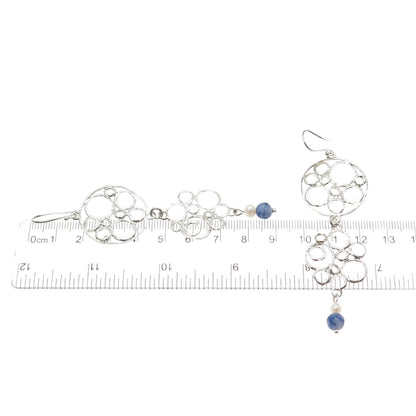 925 Sterling Silver Vintage Real Pearl Sodalite Modernist Circle Dangle Earrings
