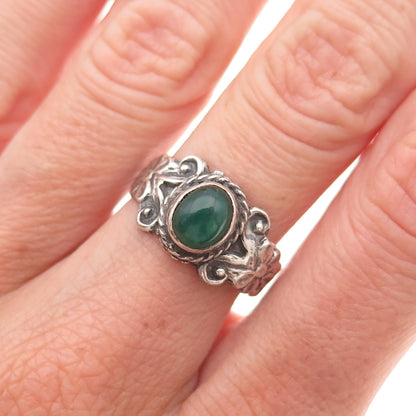 925 Sterling Silver Vintage Real Green Onyx Oxidized Ring Size 6.75