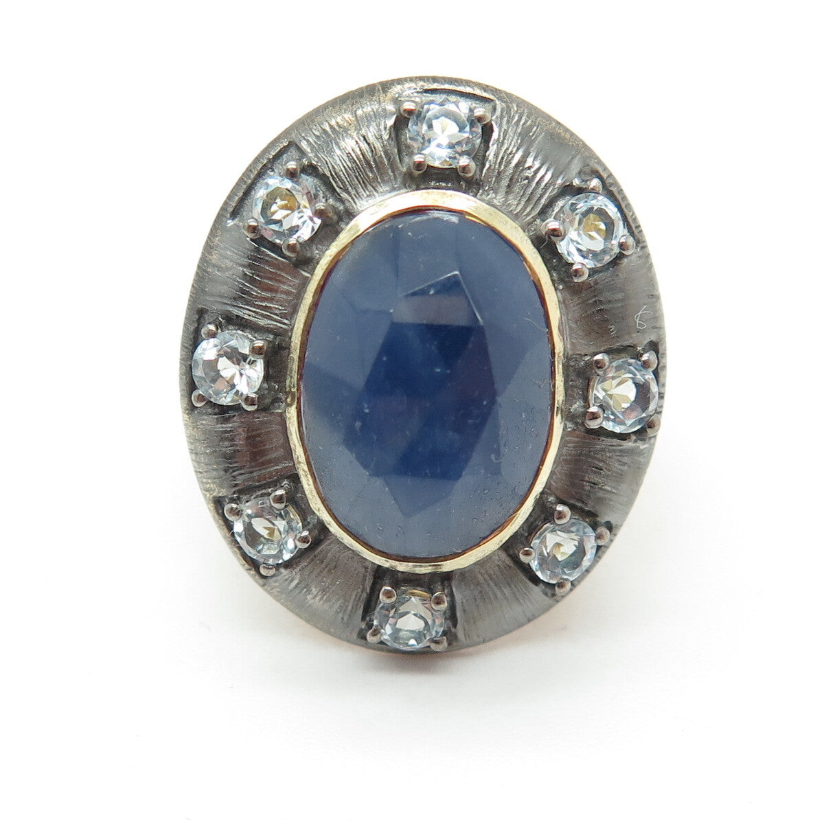 DSMK 925 Sterling Silver Gold Plated Real Sapphire Topaz Oxidized Ring Size 7.25