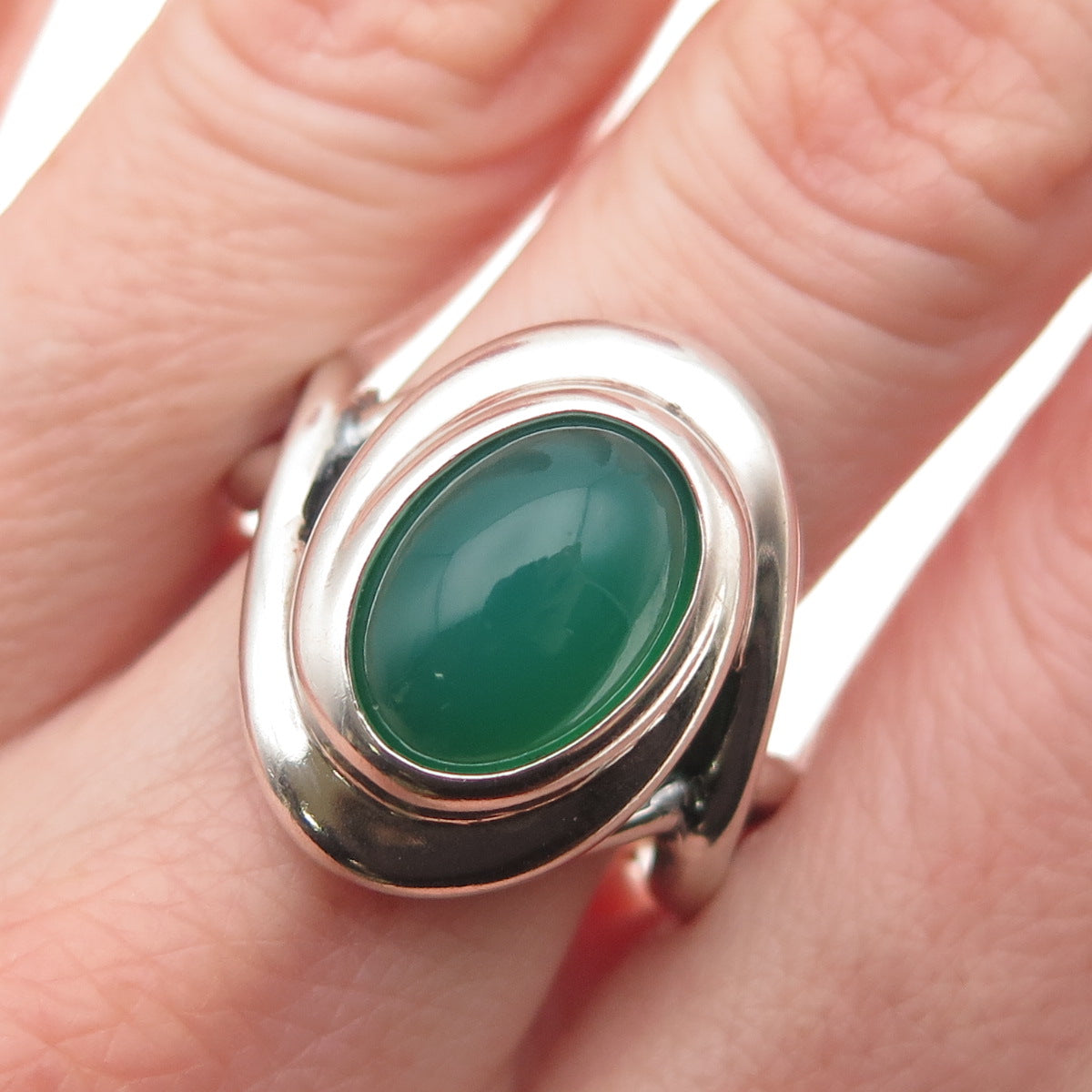 Carolyn Pollack Sterling Vintage Real Green Chalcedony Modernist Ring Size 10