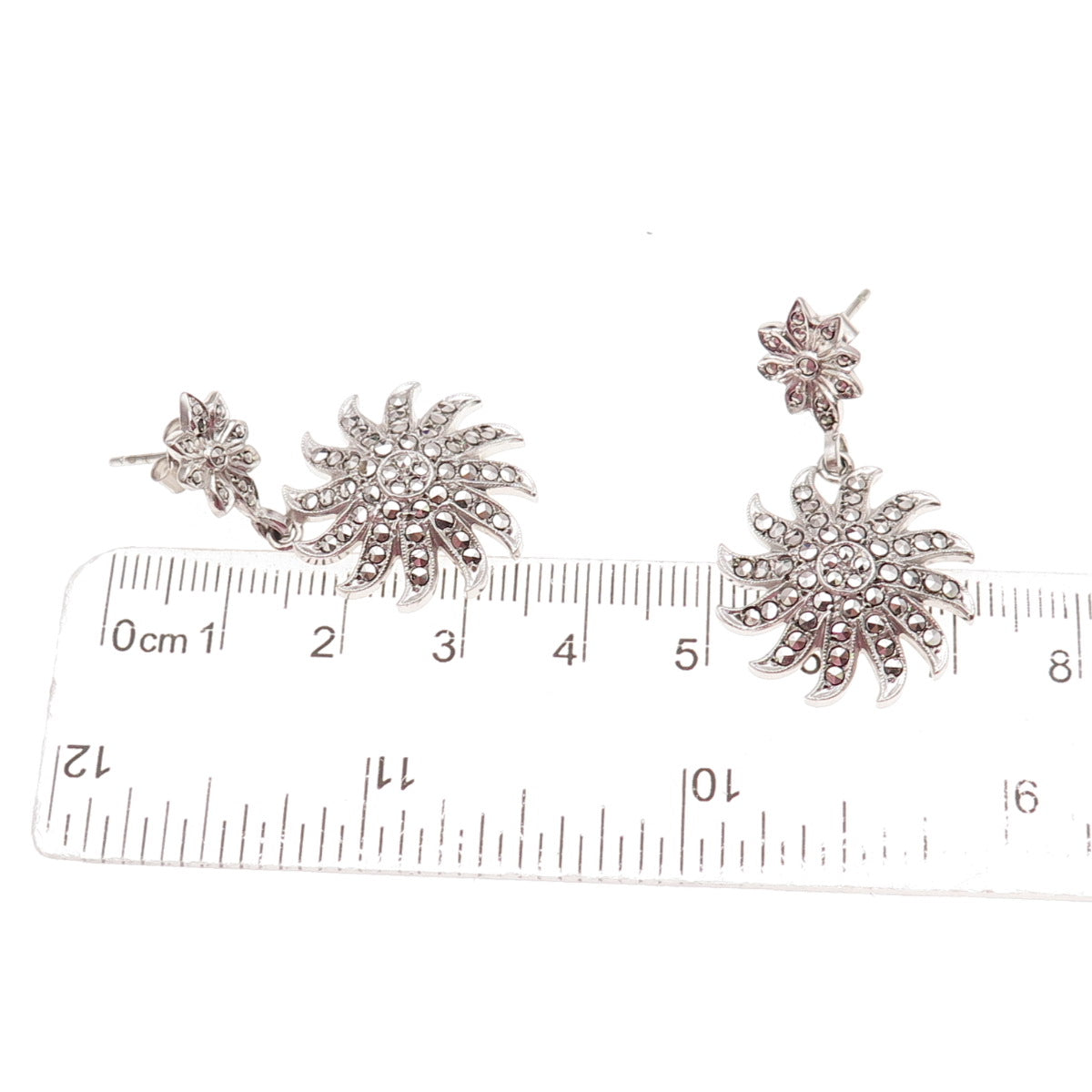 925 Sterling Silver Antique Art Deco Real Marcasite Floral Dangle Earrings