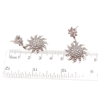 925 Sterling Silver Antique Art Deco Real Marcasite Floral Dangle Earrings
