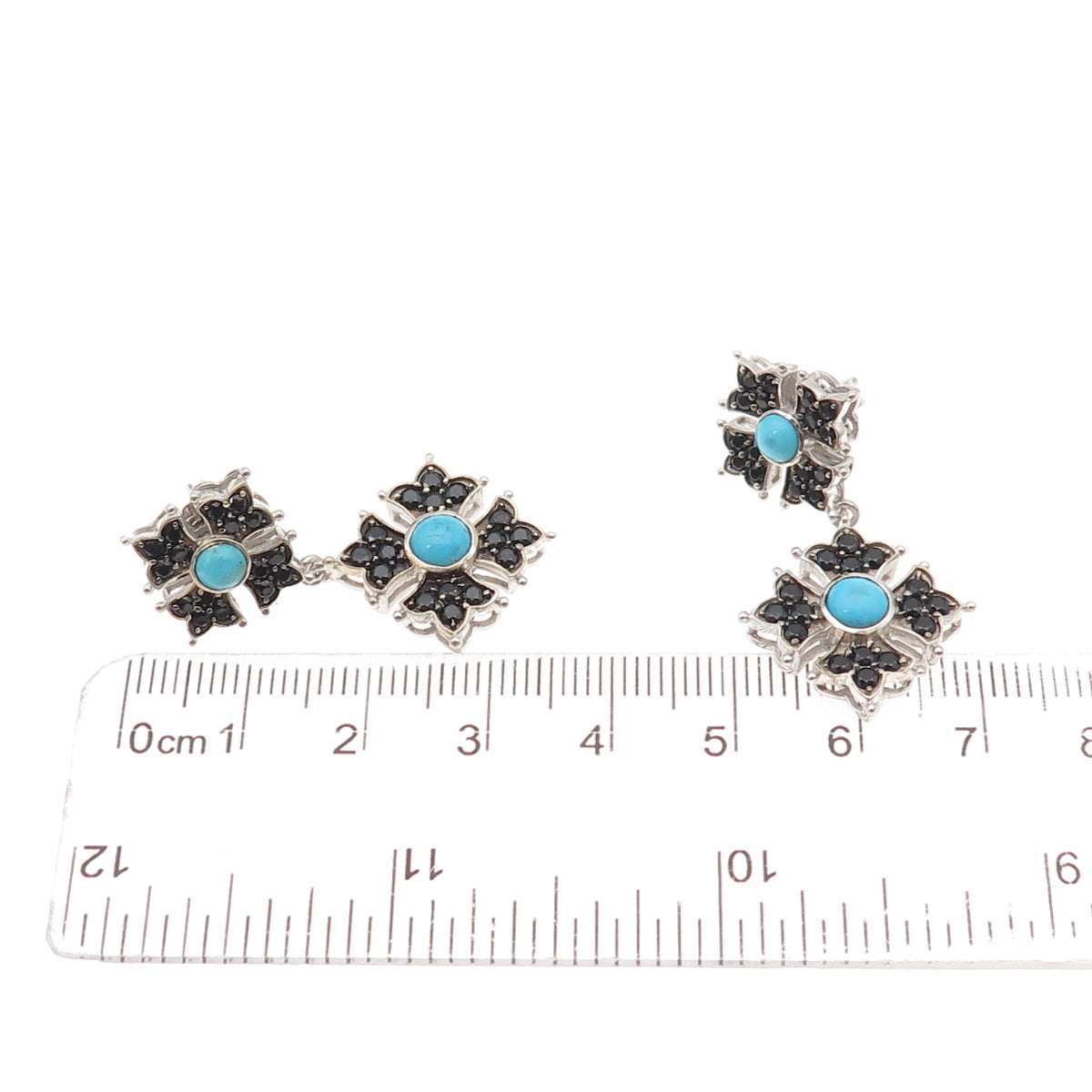 925 Sterling Silver Real Turquoise & Black Spinel Floral Cross Dangle Earrings
