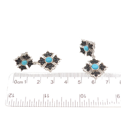 925 Sterling Silver Real Turquoise & Black Spinel Floral Cross Dangle Earrings