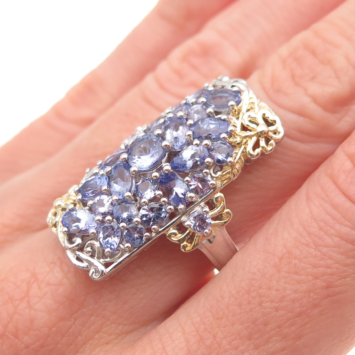 Chuck Clemency 925 Sterling Silver 2-Tone Real Tanzanite Floral Ring Size 8